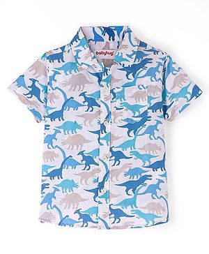 Babyhug Cotton Knit Half Sleeves Dino Printed Shirt - White & Blue