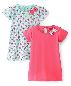 Babyhug 100% Cotton Knit Half Sleeves Frocks with Floral Print & Bow Applique Pack of 2- Pink & Blue