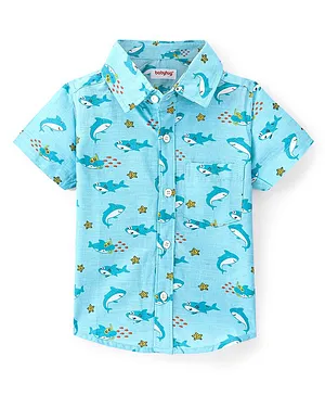 Babyhug 100% Cotton Knit Half Sleeve Shirt With Shark Print - Blue
