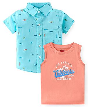 Babyhug Cotton Woven Half Sleeve Regular Collar Sea Life Print Shirt with T Shirt - Aqua Blue