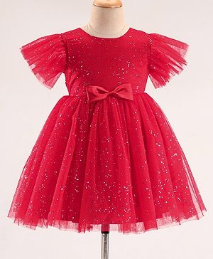 Babyhug Half Sleeves Party Frock with Glitter Print & Bow Detailing - Red