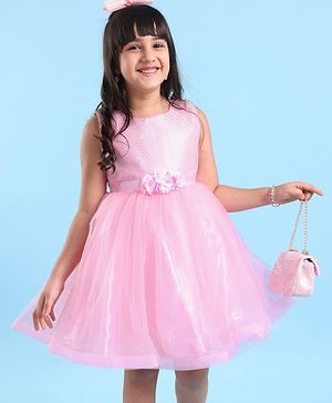 Babyhug Woven Sleeveless Sequinned Party Frock with Floral Corsage - Pink