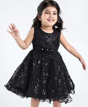 Babyhug Woven Sleeveless Party Frock with Floral Sequin Corsage & Net Detailing - Black