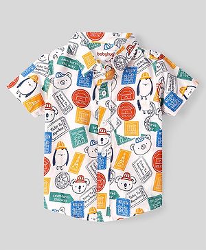 Babyhug Cotton Woven Half Sleeves  Regular Collar Shirt Teddy & Stamp Print - White
