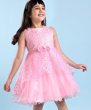 Babyhug Sleeveless Embroidered Party Frock with Floral Applique -  Light Pink