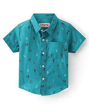 Babyhug 100% Cotton Woven Half Sleeves Regular Collar Alphabet Print Shirt- Green