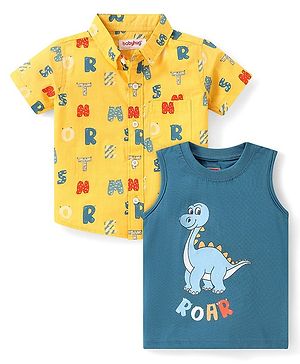Babyhug Cotton Woven Half Sleeves  Shirt With Sleeveless T shirt Alphabet & Dino Print - Yellow & Blue