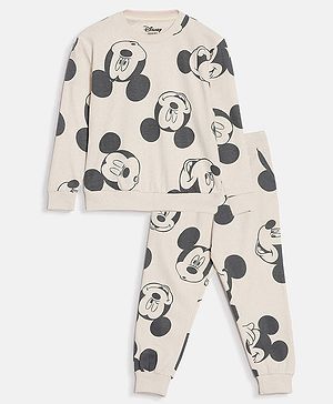 Nap Chief Disney Featuring Pure Cotton Full Sleeves Mickey Mouse Printed Coordinating Set - Off White