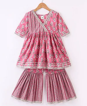 Teentaare Cotton Dc Half Sleeves Floral Printed Kurta & Sharara Set - Pink