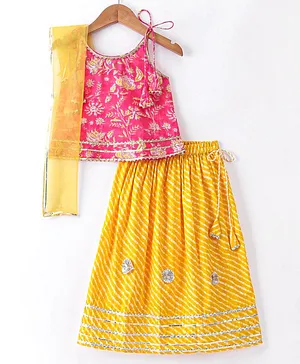 Teentaare Cotton Sleeveless Choli with Lehenga & Dupatta Set Leheriya Print - Pink & Yellow