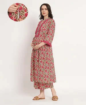 Aujjessa Three Fourth Bell Sleeves Floral Printed Maternity Feeding Kurta Set With Concealed Zipper Access -  Off White Fuchsia