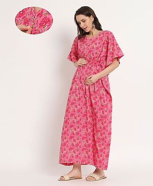 Aujjessa Half Batwing Sleeves Seamless Floral Printed Kaftan Night Dress With Concealed Zipper Nursing Access - Fuchsia Pink