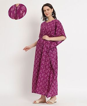 Aujjessa Three Fourth Batwing Sleeves Floral  Printed Maternity Kaftan Dress With Concealed Nursing Access - Purple