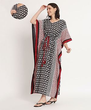 Aujjessa Three Fourth Batwing Sleeves Leaf Motif  Printed Maternity Kaftan Dress With Concealed Nursing Access - Black