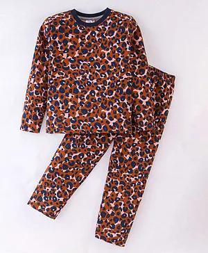 Rassha Full Sleeves Seamless Leopard Printed Coordinating Night Suit - Rust Brown