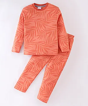 Rassha Full Sleeves Seamless Tropical Leaves Printed Night Suit - Orange