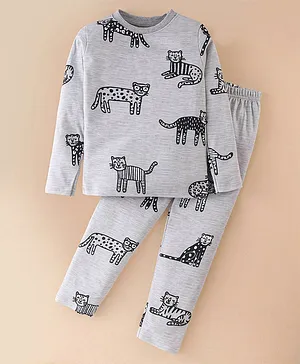 Rassha Full Sleeves All Over Leopard Printed Night Suit - Grey Melange