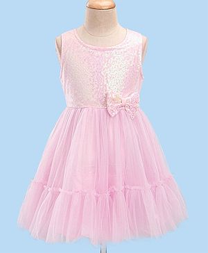 Babyhug Woven Sleeveless Party Frock With Sequinned Yoke & Mesh - Pink