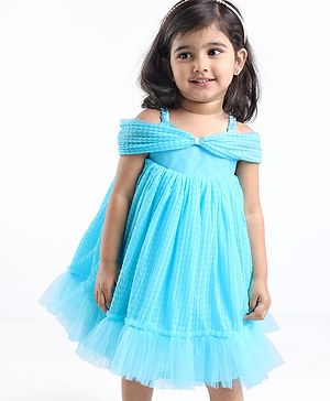 Babyhug Sleeveless Pleated Mesh a Line Party Dress - Sky Blue