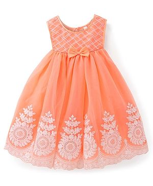 Babyhug Woven Sleeveless Party Dress with Floral Embroidery - Coral