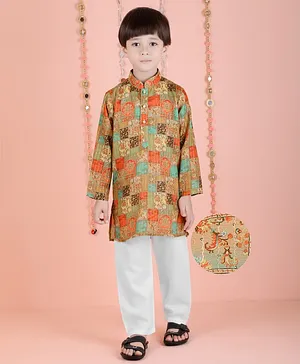 KIDS FARM  Full Sleeves Floral Block Motif Printed & Sequin Embellished Kurta Pyjama Set - Multi Colour