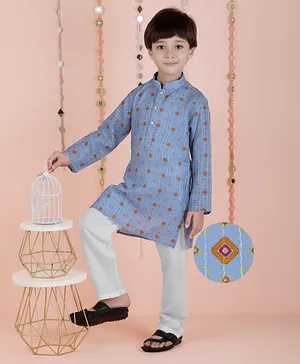 KIDS FARM Full Sleeves Bandhej Design  & Sequin Embellished Kurta Pyjama Set - Blue