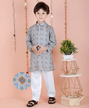 KIDS FARM Full Sleeves Bandhej Design  & Sequin Embellished Kurta Pyjama Set - Grey