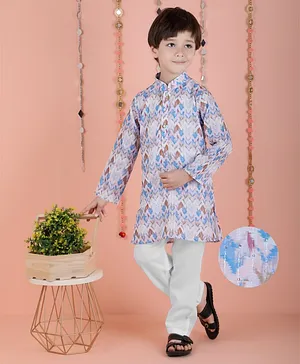 KIDS FARM   Full Sleeves Chevron Design Printed & Sequin Embellished Kurta Pyjama Set - Blue