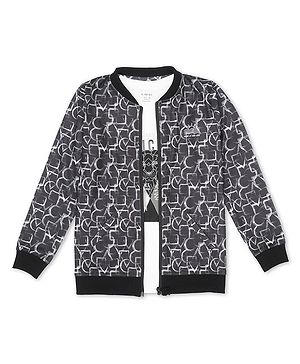 CAVIO Full Sleeves Geometric Printed Zipper Jacket With Tee - Black