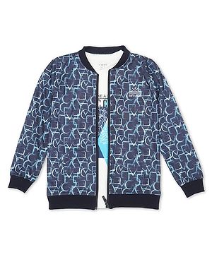 CAVIO Full Sleeves Geometric Printed Zipper Jacket With Tee - Blue