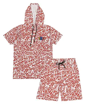 CAVIO Half Sleeves Doodle Art Printed Coordinating Hooded Tee & Shorts Set - Red