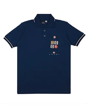 CAVIO  Half Sleeves Placement  Typography Printed Polo Tee - Blue