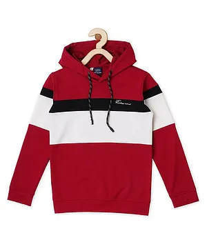 CAVIO  Full Sleeves Colour Blocked Hooded Tee - Maroon