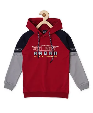 CAVIO Raglan Full Sleeves Text Printed Hooded Tee - Maroon