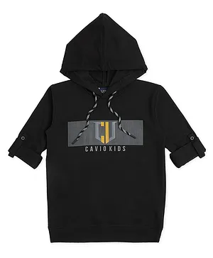 CAVIO Full Sleeves Placement Brand Name & Hairline Striped Hooded Tee - Black