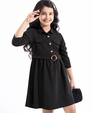 Hola Bonita Full Sleeves Solid Color Texture Fabric Dress - Black