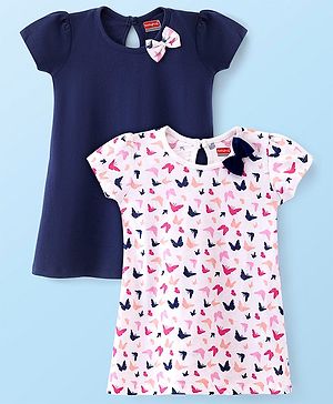 Babyhug 100% Cotton Single Jersey Knit Half Sleeves Frock Butterfly Print Pack Of 2 - Blue & White