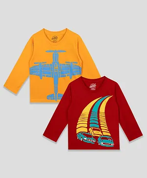 The Sandbox Clothing Co Pack Of 2 Full Sleeves Cars & Airplane Printed Tees - Red & Orange