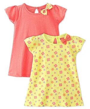 Babyhug 100% Cotton Half Sleeves Frocks With Floral Print Pack Of 2 - Red & Yellow