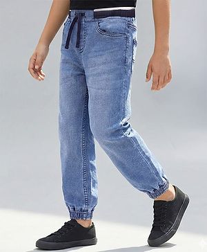 Pine Kids Full Length Jogger Fit Rib Elasticated Waist Solid Color Denim Jeans - Blue