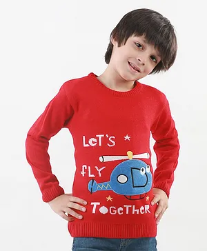 KNITCO Full Sleeves Lets Fly Together Text & Helicopter Detailed Sweater - Red