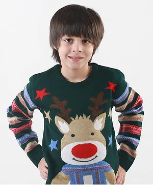 KNITCO Christmas Theme Full Sleeves Reindeer Designed  Acrylic Sweater - Green