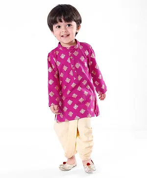 Earthy Touch 100% Cotton Knit Full Sleeve Kurta & Dhoti Set With Lines Print - Pink & Cream