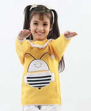 KNITCO Full Sleeves Honey Bee Designed Fur Detailed Acrylic Sweater - Yellow