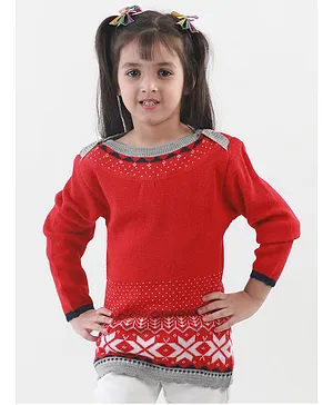 KNITCO Full Sleeves Blocks & Mini Heart Woven Designed Sweater - Red