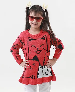 KNITCO Full Sleeves Cats Design Detailed Sweater - Red