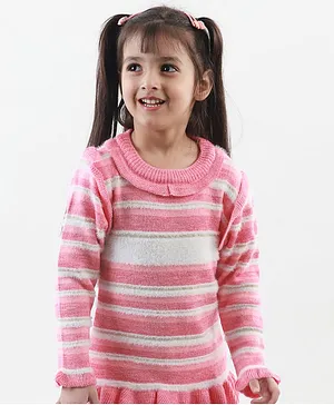 KNITCO Full Sleeves Striped With Frill Detailed Sweater Dress - Pink