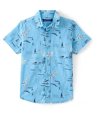 Pine Kids Cotton Half Sleeves All Over Beach Printed Shirt - Blue
