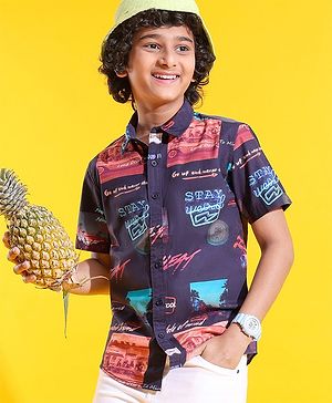 Pine Kids Cotton Woven Half Sleeves Shirt Picture & Text Print- Navy Blue