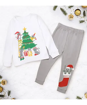 Plan B Full Sleeves Christmas Theme Trees & Cats Printed Ribbed Thermal Innerwear Set - White & Grey